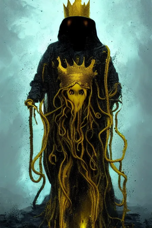 Image similar to A full body portrait of a mysterious character with no face with a very long hooded yellow cloak, a golden crown floating above his head tentacles coming out the ground art by Maciej Kuciara and Jason Chan, ominous, cosmic horror, trending on artstation, Ultra detailed, hyper realistic 4k