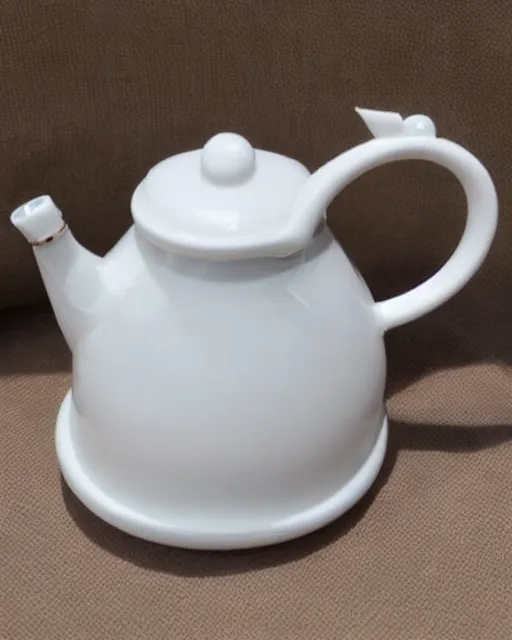 Image similar to a white tea kettle with a little porcelain gray mouse on it's spout