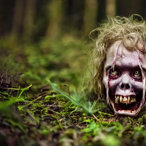 Image similar to horror, hd photography, matted hair, rotten figure, bony, grinning, long tongue, crawling through undergrowth in a dense forest in daytime, wide eyes