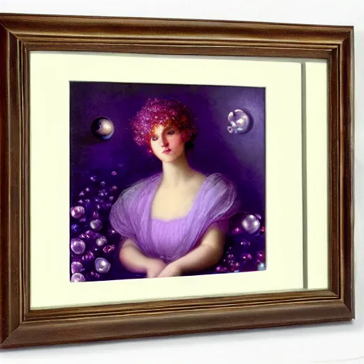 Prompt: a girl with three eyes on 5 translucent luminous spheres, full of floral and berry fillings, in an ocean of lavender color by edward robert hughes, henry justice ford