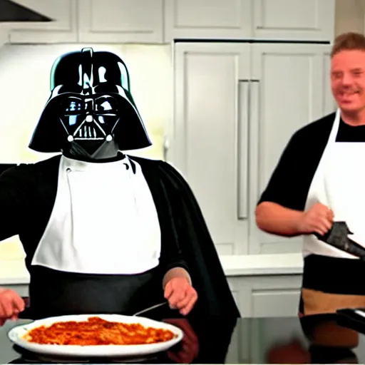 Prompt: darth vader cooking lasagna, cooking show