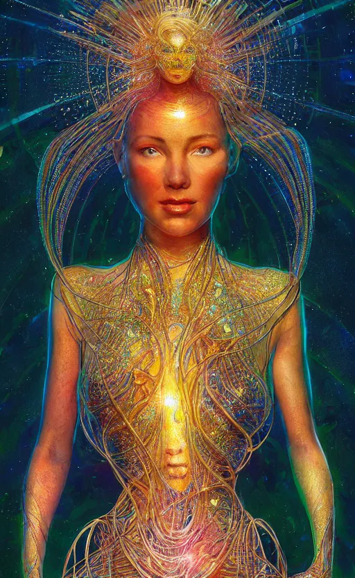 Image similar to extremely detailed cinematic movie still 3 0 7 7 full body shot of 2 5 years old woman inside woman inside woman hyperreal skin face golden energy strings art - nouveau style with colorful shining crystals by denis villeneuve, wayne barlowe, simon birch, marc simonetti, philippe druillet, bright volumetric sunlight, rich moody colors, bokeh