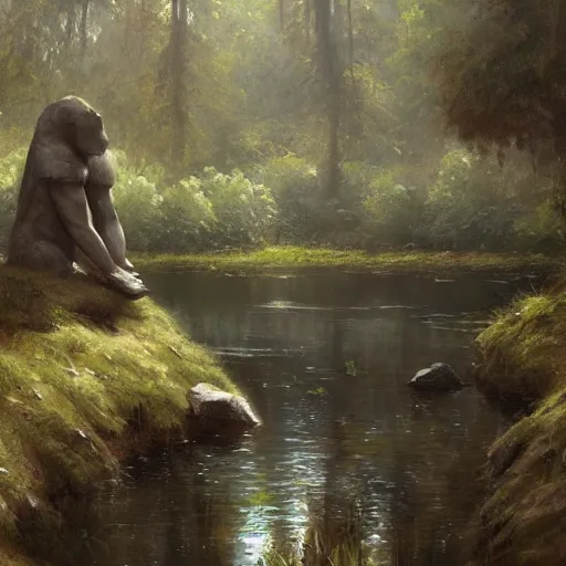 Prompt: stone golem resting at a pond inside a forest, oil painting, by Greg Rutkowski