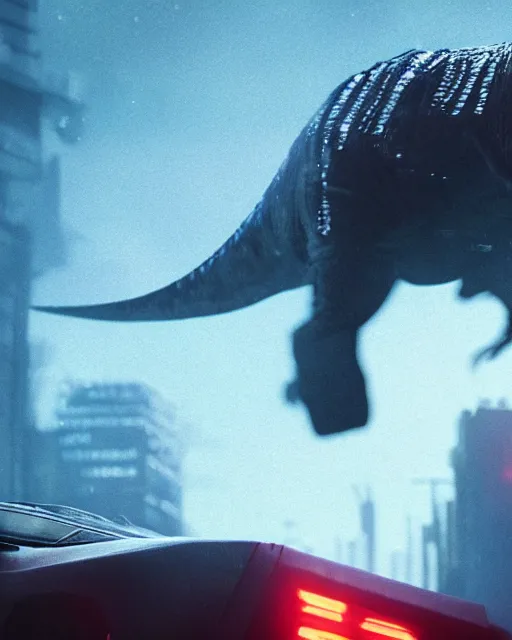 Prompt: still of a photorealistic concept art of a real T-Rex wearing sunglasses, black background, in the movie Blade Runner 2049, HD, neon lit, highly detailed, no text