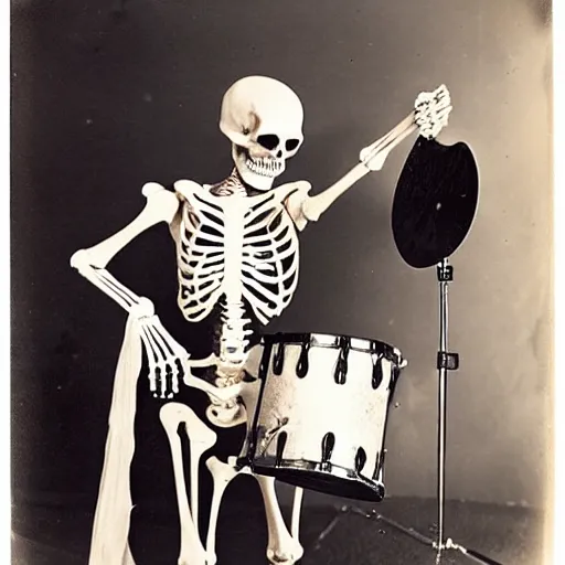 Prompt: skeleton drummer, wild, flash polaroid photo by george hurrell,