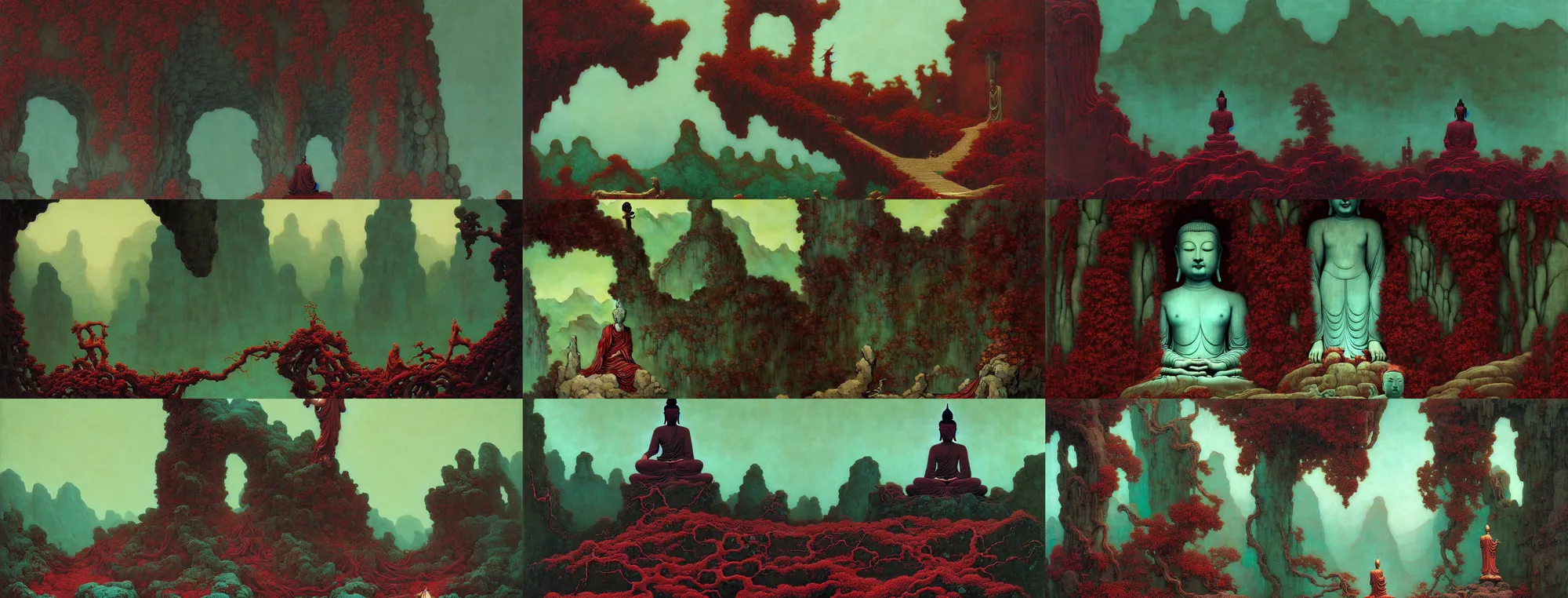 Image similar to a gorgeous bleak autumn painting by barlowe wayne, maxfield parrish, gustave dore and marco mazzoni. close - up shot on a lonely huge chinese buddha statue, broken, stone gate to the dark cave, vines. tiffany blue, maroon, blackish green. the winding stone steps. ultra clear detailed. 3 d, octane render. turbulent blood lake.