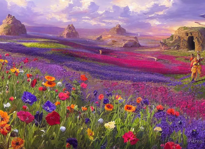 Image similar to what was once a bloody battlefield is now a flower field in the cosmic sky by vladimir volegov and alexander averin and peder mørk mønsted and adrian smith and raphael lacoste