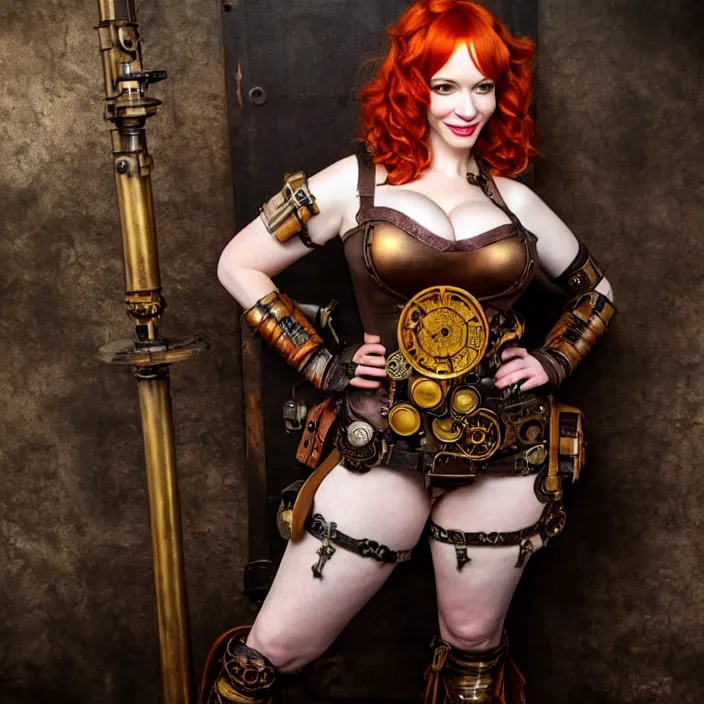 Image similar to full length photo of christina hendricks as a steampunk amazon warrior, highly detailed, 4 k, hdr, smooth, sharp focus, high resolution, award - winning photo