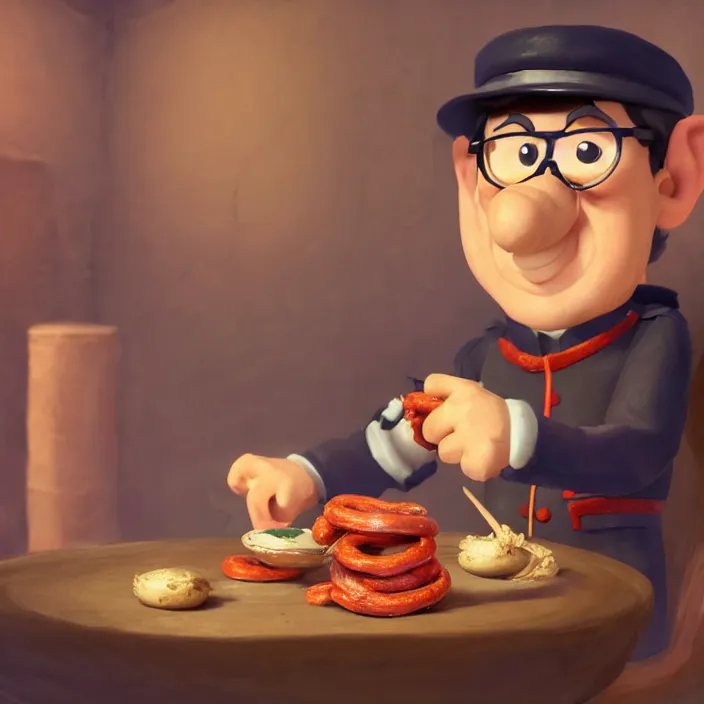 Prompt: postman pat devouring a bowl of worms, unreal engine, c 4 d, maya, museum ink painting, smooth, natural background, cinematic lighting, 8 k, artstation, concept art, aesthetic