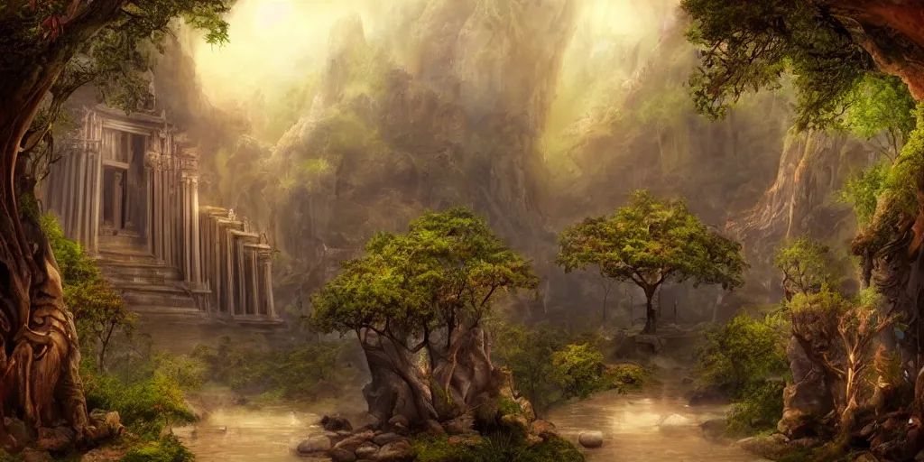 Prompt: beautiful matte painting of temple of nature, interior, fantasy