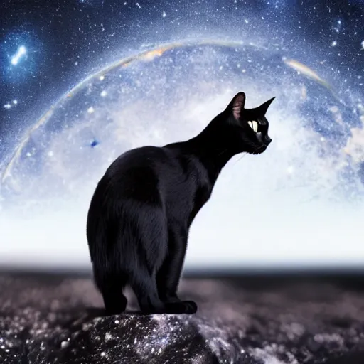 Image similar to ultrarealistic black cat, standing on a planet, galaxies background, powerful