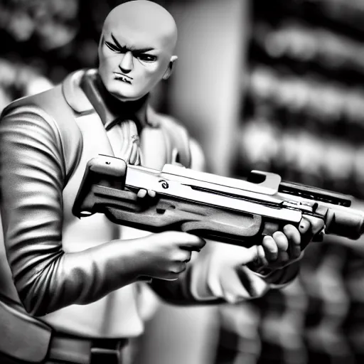 Image similar to agent 4 7 point his gun toward the camera. 5 0 mm, macro, photo, black and white.