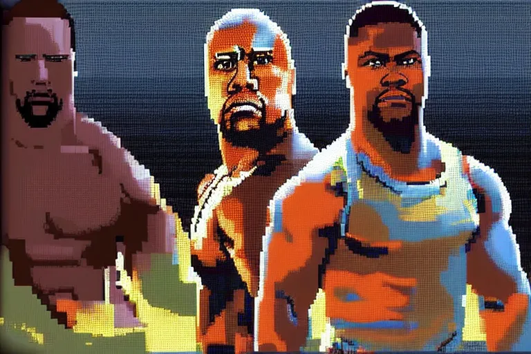 Image similar to pixel art of dwayne johnson and kevin hart, 8 bit, hd