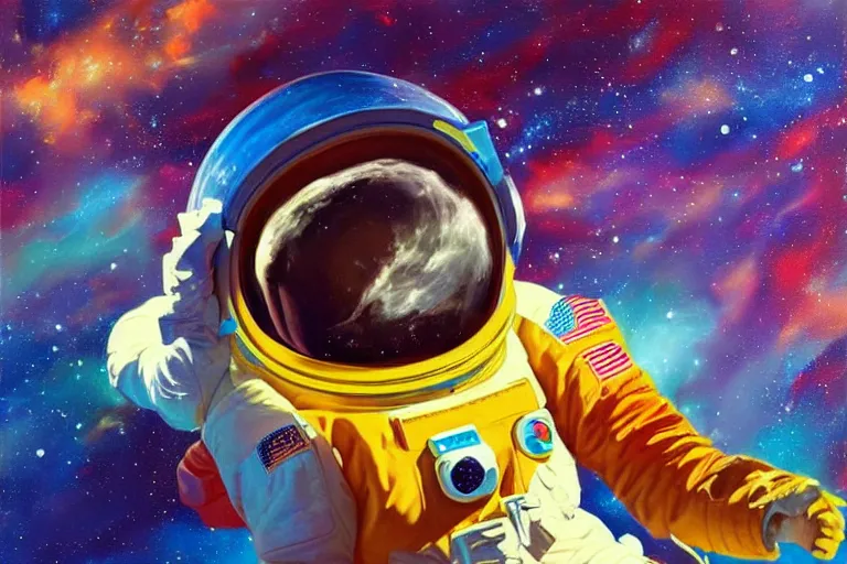 Prompt: A Detailed Painting of An Astronaut Floating In Space, Bright Colors, In The Style Of An oil Painting, Trending on cgsociety