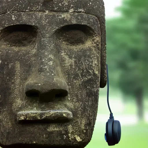 Image similar to a high detail photo of a moai wearing headphones