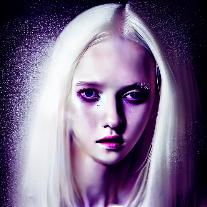 Image similar to a young woman with long blond hair dressed in white, fine art photography light painting in style of Paolo Roversi, professional studio lighting, dark blur background, hyper realistic photography, fashion magazine style