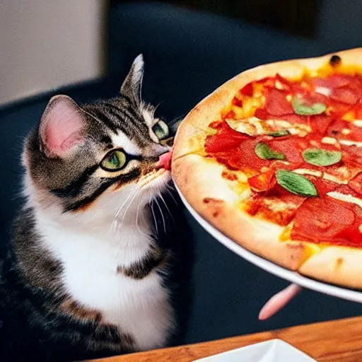 Prompt: realistic photo of a cute cat eating pizza