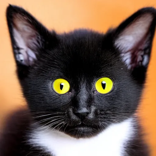 Prompt: black kitten with white chest and yellow - brown eyes