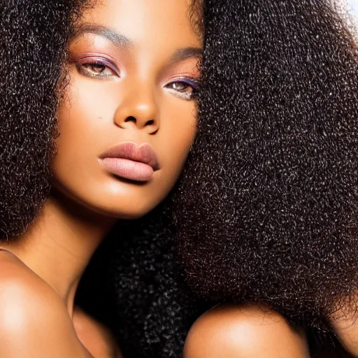 Image similar to close up of head of a black fashion model with large afro, gta style, editorial of vogue magazine, highly detailed