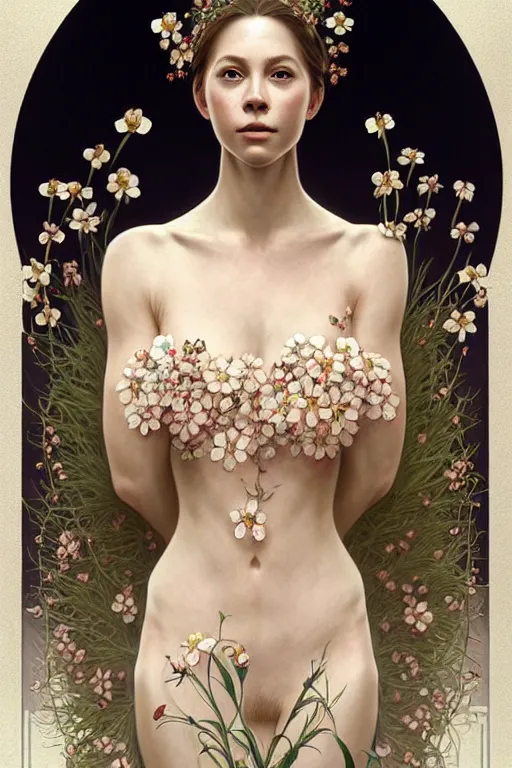 Image similar to symmetry!! full body portrait!!!! of a beautiful!!!! delicate elegant nordic shield maiden, pretty face!!!!, flower petals, intricate, elegant, highly detailed, digital painting, artstation, concept art, smooth, sharp focus, illustration, art by artgerm and greg rutkowski and alphonse mucha, 8 k