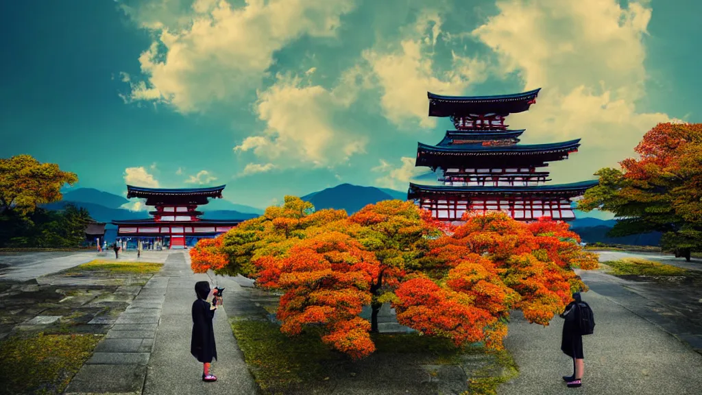 Image similar to a german photographer with dslr, at a vast temple under a vivid autumn sky, aomori japan, a collage painting, in the style of wes anderson, lola dupre, david hockney, isolated on negative white space background dark monochrome neon spraypaint accents volumetric octane render