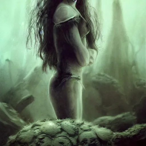 Image similar to a beautiful little girl standing on a lot of skulls, sadness, natalie portman, pigtails hairstyle, dark fantasy, high detailed, concept art, sharp focus, illustration