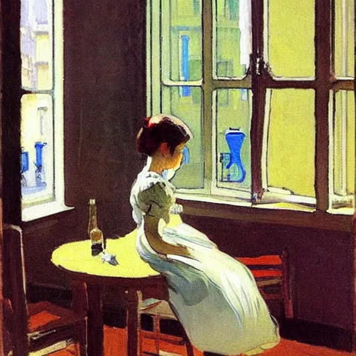 Image similar to a girl with iphones on a table sits at a table in a sunny room, the window is open, by valentin serov