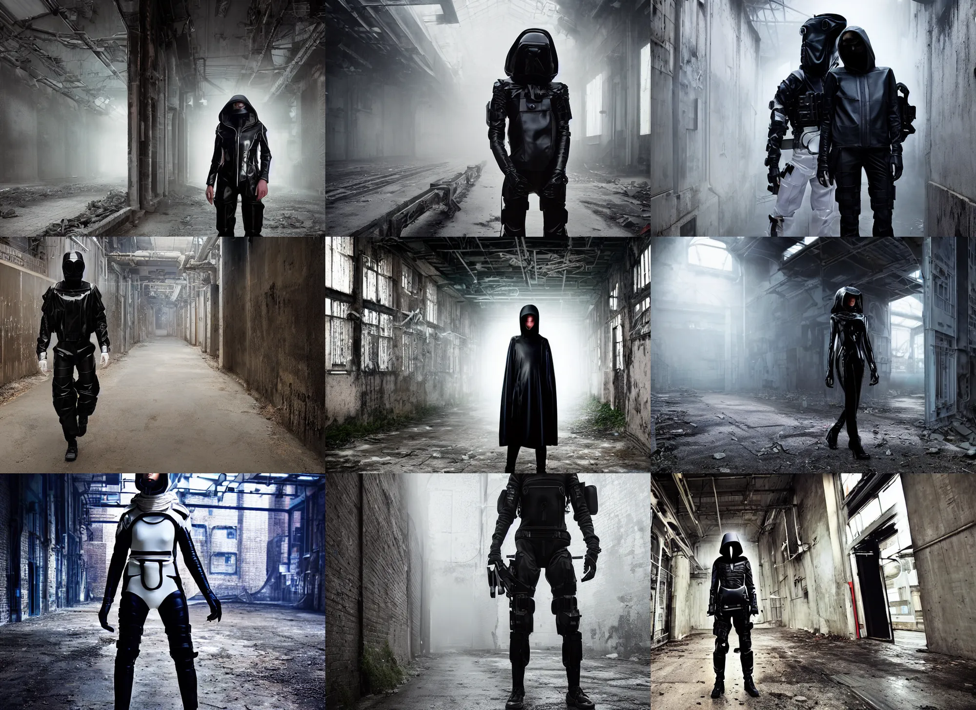 Prompt: beautiful fashion model with white sci - fi tactical gear, black leather garment, hologram sci - fi hood, full shot fashion photography, misty alleyway, abandoned factory, battle ready, cinematic color light, by irving penn and storm thorgerson, ren heng, peter elson