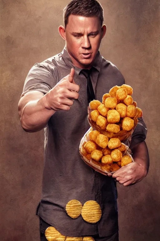 Image similar to channing tatum in a tater tot costume, oil on canvas, intricate, portrait, 8 k highly professionally detailed, hdr, cgsociety