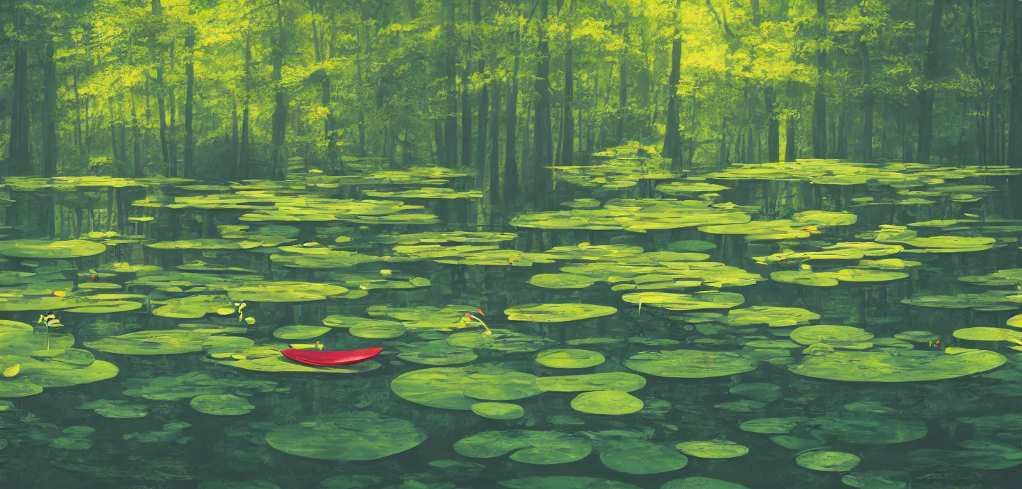 Image similar to a forest atmosphere floating on a large lily pad, photoillustration ink drawing acrylic art digital illustration oil on canvas photorealistic polished sci - fi filmic stock photo landscape polished photorealistic, by moebius and edward hopper, vivid bright light, colorful flat surreal design, hd, 4 k, artstation