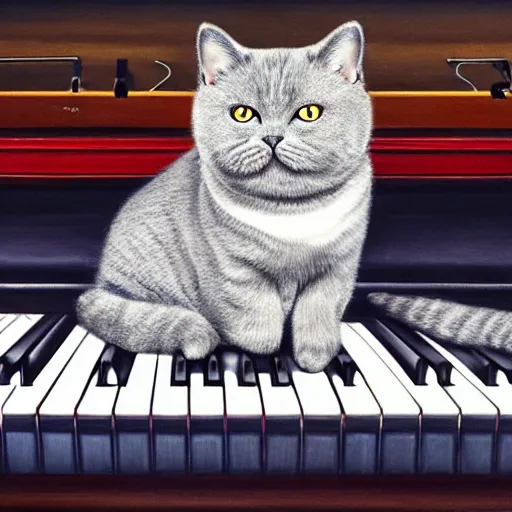 Image similar to grey british shorthair cat with colorful stripes sitting on piano keys with musical notes in the background ultra detailed realistic fine art painting 4 k