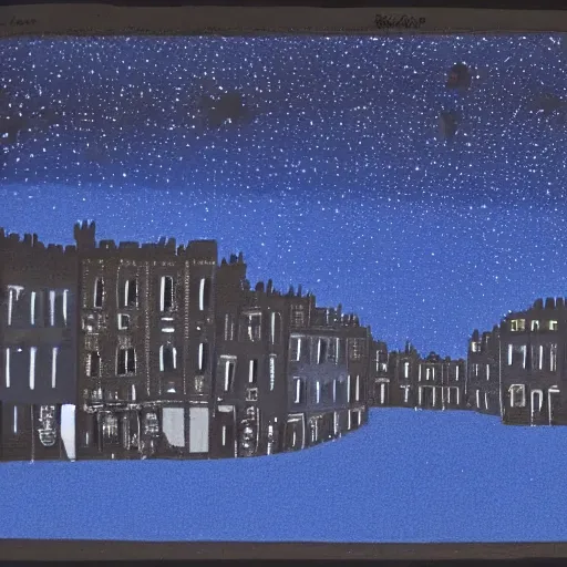 Image similar to night scene of a city. The darkness of the night is illuminated by artificial lighting. The sky is painted with cobalt blue, and shimmers with the light of stars. The buildings are painted in black, and stand out against the sky. They are silhouetted against a background which is painted with hazy grey.