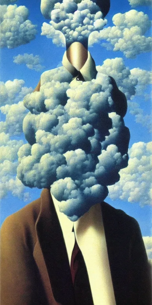 Prompt: a beautiful cyborg made of clouds by rene magritte