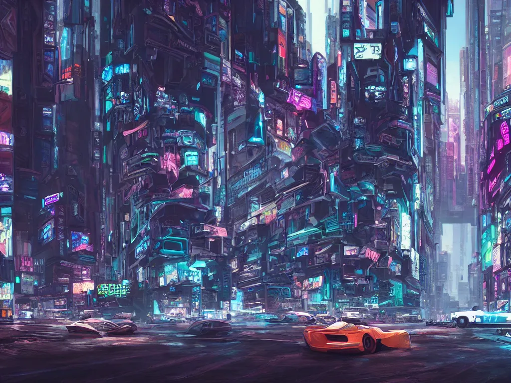 Image similar to a hyperrealist painting of a vehicle flying through a cyberpunk city 4 k, hyper detailed by kyle lambert
