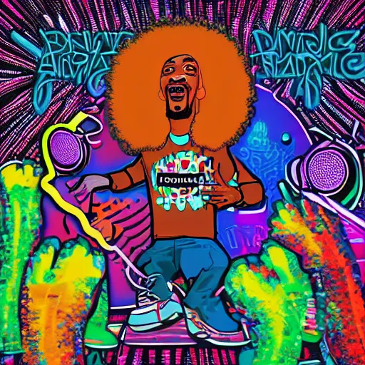 Image similar to svg sticker of a Dancing-Ben-Harper-Snoop-Spike-Lee-with-a-large-Afro-Puff, at a rave, spinning records, giant headphones rocking out, wearing headphones, huge speakers, dancing, rave, DJ, spinning records, digital art, amazing composition, rule-of-thirds, award-winning, trending on artstation, featured on deviantart