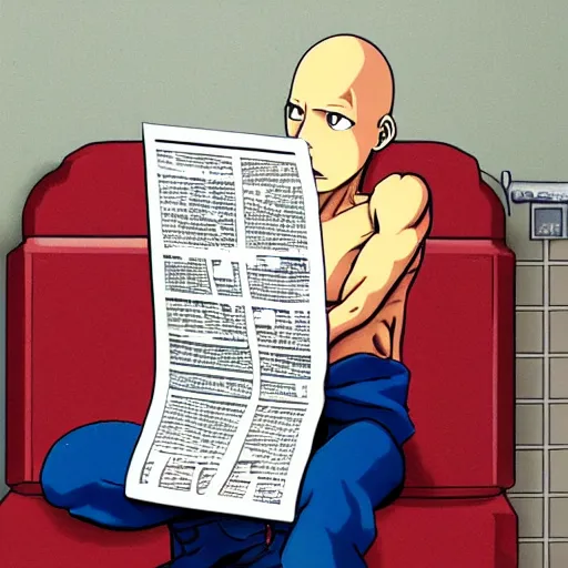 Prompt: Saitama Reading the newspaper on the toilet, photo realistic style