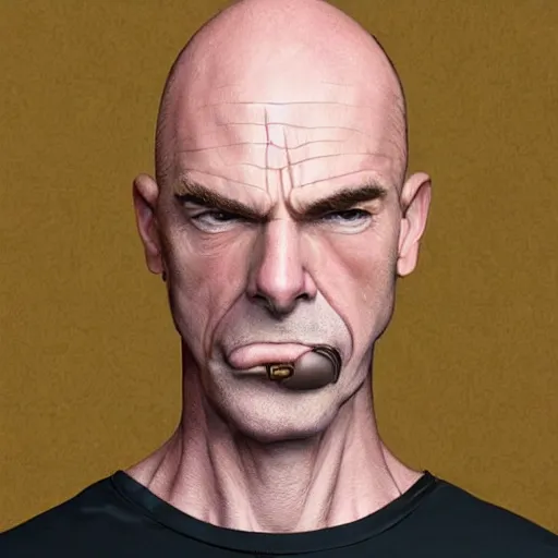 Prompt: A middle-aged Dr. Venture in real life with a hooked nose, a long gaunt face and skinny body and neck, very thin and bald, realistic, very realistic, hyperrealistic, highly detailed, very detailed, extremely detailed, detailed, digital art, oil painting, trending on artstation, headshot and bodyshot, detailed face, very detailed face, extremely detailed face, HD Quality, 8k resolution, very very detailed face, real life