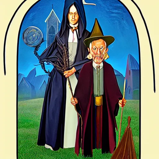 Image similar to a witch and a wizard in the style of american gothic