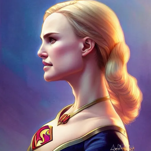 Image similar to Blonde Natalie Portman as Super Girl, western, D&D, fantasy, intricate, elegant, highly detailed, digital painting, artstation, concept art, matte, sharp focus, illustration, art by Artgerm and Greg Rutkowski and Alphonse Mucha