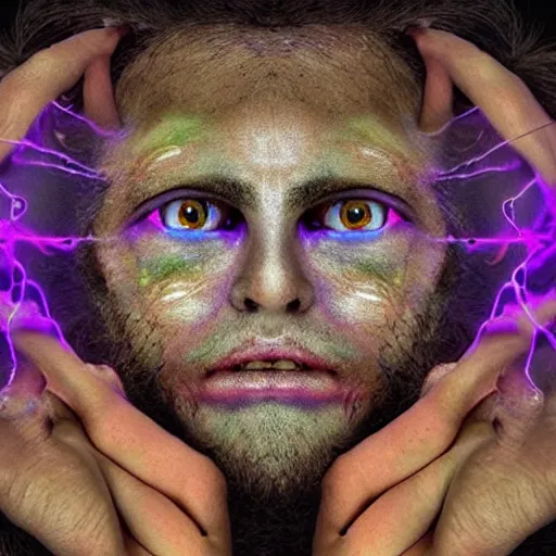 Prompt: three three eyed humanoids, third eye middle of forehead, wide wide shot, very hairy bodies, vivid colors, thin wires, beautiful lighting