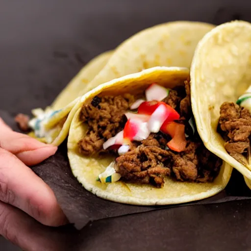 Prompt: tacos filled with rotten liver and dirty napkins. a fat man licks his lips looking at the tacos.
