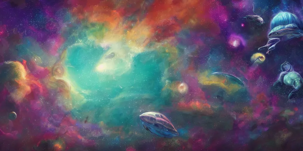 Image similar to painting of sea creatures swimming through space, sea turtles, sting rays whales, colorful nebulas, planets, 8 k resolution in the style of artem demura, moebius