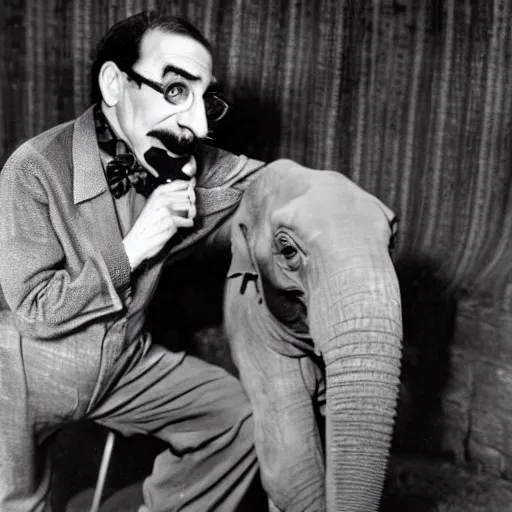 Prompt: Groucho Marx seeing an elephant in his pajamas