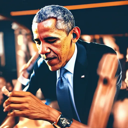 Prompt: professional photograph of president barack Obama DJing a party while wearing headphones, realistic, stock photo, 4K, professional journalistic photography, Getty images.