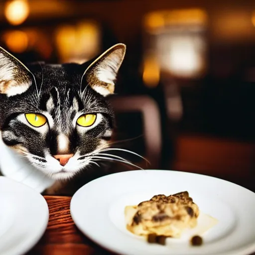 Image similar to A photo of a cat wearing a suit sitting in a fancy and expensive gourmet restaurant and eating a plate of cat food. f/2.8, dim lighting, award winning photo