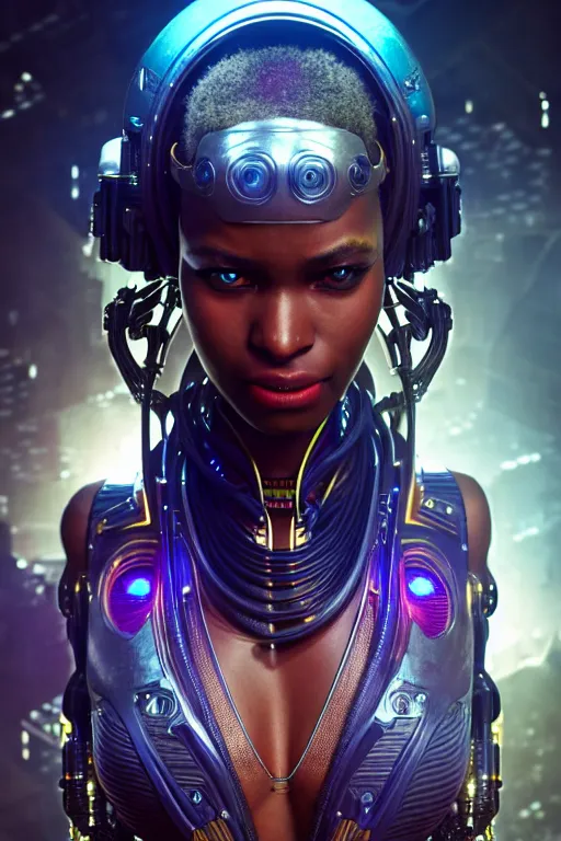 Image similar to ultra realistic, beautiful female african cyborg in a crowded smoky cyberpunk club in space megalopolis, sci - fi, intricate details, eerie, highly detailed, octane render, 8 k, art by artgerm and alphonse mucha and greg rutkowski