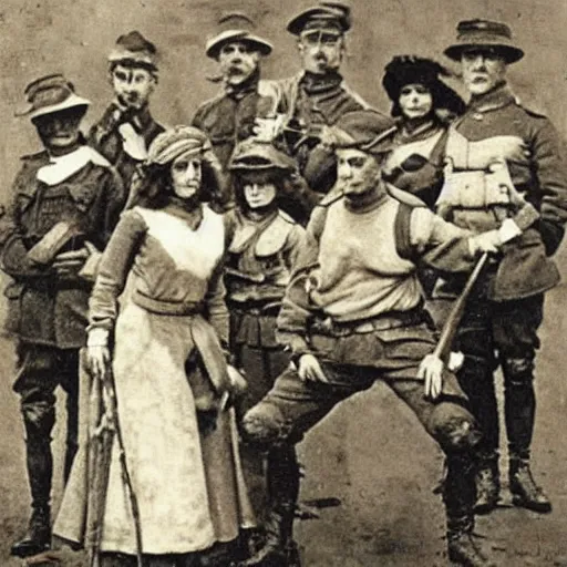Prompt: action heroine posing with her ww 1 warband by alfred stevens