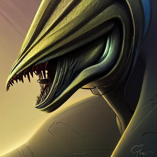 Image similar to professional concept art portrait of a predatory alien species on a depth of field background, by cam sykes. an intricate, elegant, highly detailed digital painting, concept art, smooth, sharp focus, illustration, in the style of syd mead.