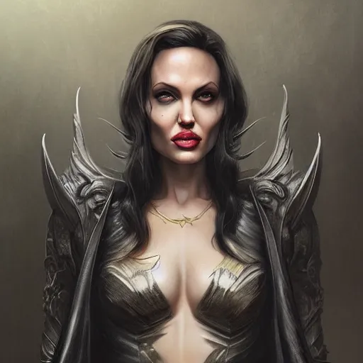 Image similar to Angelina Jolie as Lucifer Morningstar, highly detailed, digital painting, artstation, concept art, smooth, sharp focus, illustration, ArtStation, art by Katsuhiro Otomo and Tom Bagshaw