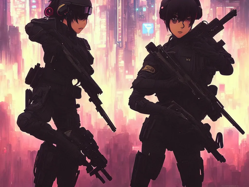 Image similar to anime key visual of a young female swat officer fighting male blood hound, neon, cyberpunk, futuristic, stunning, highly detailed, digital painting, smooth, soft focus, illustration, movie poster, japanese typography, digital art from artstation by artgerm and greg rutkowski and alphonse mucha